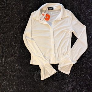 NWT Cider Slinky White Bell Sleeve Button Down Top